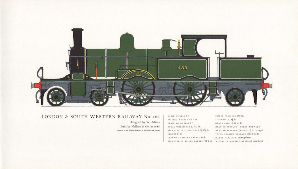 London & South Western Railway locomotive #488 Adams 1885. Neilson 1967 print